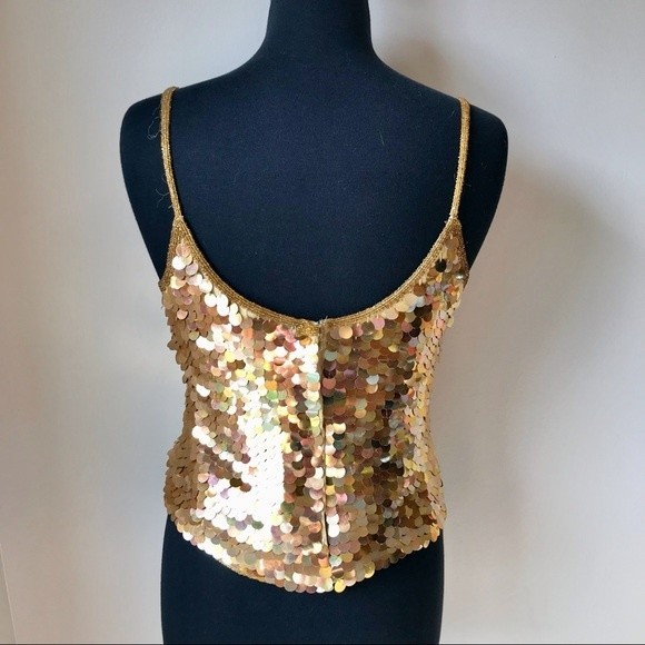 Gold Sequin Tank Top Silk Beaded Spaghetti Strap Mermaid Scales Glam CHAUDRY - Picture 7 of 9
